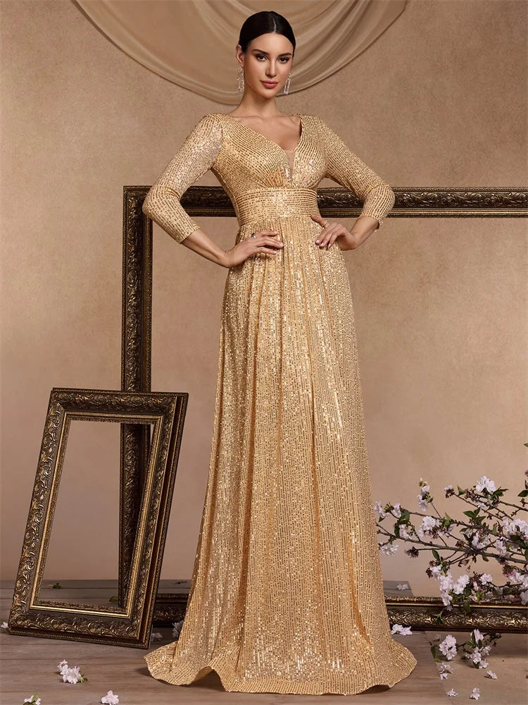 XUIBOL Elegant Sexy Deep V-Neck Sequins Evening Dress Luxury Women Long Sleeves Dress Wedding Party Cocktail Gown Gold Prom