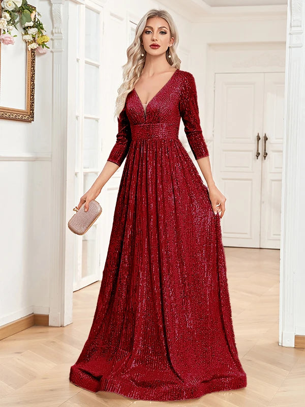 XUIBOL Elegant Sexy Deep V-Neck Sequins Evening Dress Luxury Women Long Sleeves Dress Wedding Party Cocktail Gown Gold Prom