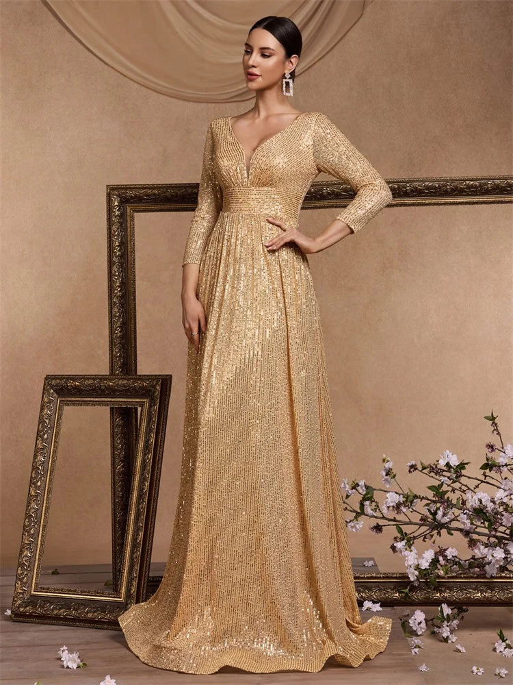XUIBOL Elegant Sexy Deep V-Neck Sequins Evening Dress Luxury Women Long Sleeves Dress Wedding Party Cocktail Gown Gold Prom