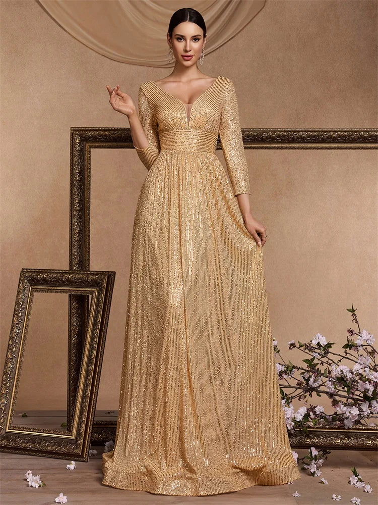 XUIBOL Elegant Sexy Deep V-Neck Sequins Evening Dress Luxury Women Long Sleeves Dress Wedding Party Cocktail Gown Gold Prom