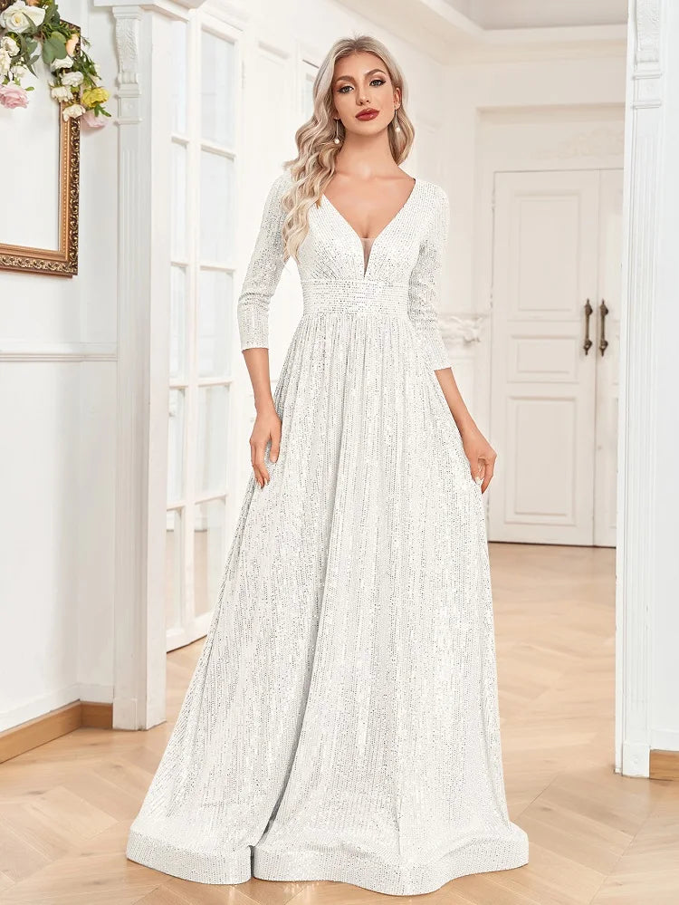 XUIBOL Elegant Sexy Deep V-Neck Sequins Evening Dress Luxury Women Long Sleeves Dress Wedding Party Cocktail Gown Gold Prom
