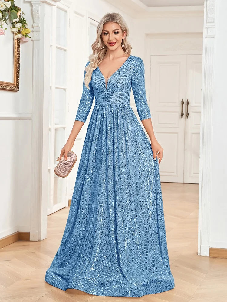XUIBOL Elegant Sexy Deep V-Neck Sequins Evening Dress Luxury Women Long Sleeves Dress Wedding Party Cocktail Gown Gold Prom