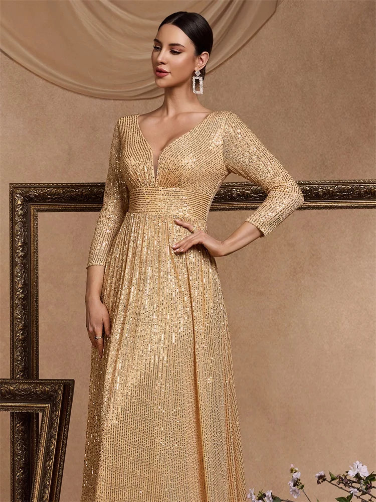 XUIBOL Elegant Sexy Deep V-Neck Sequins Evening Dress Luxury Women Long Sleeves Dress Wedding Party Cocktail Gown Gold Prom