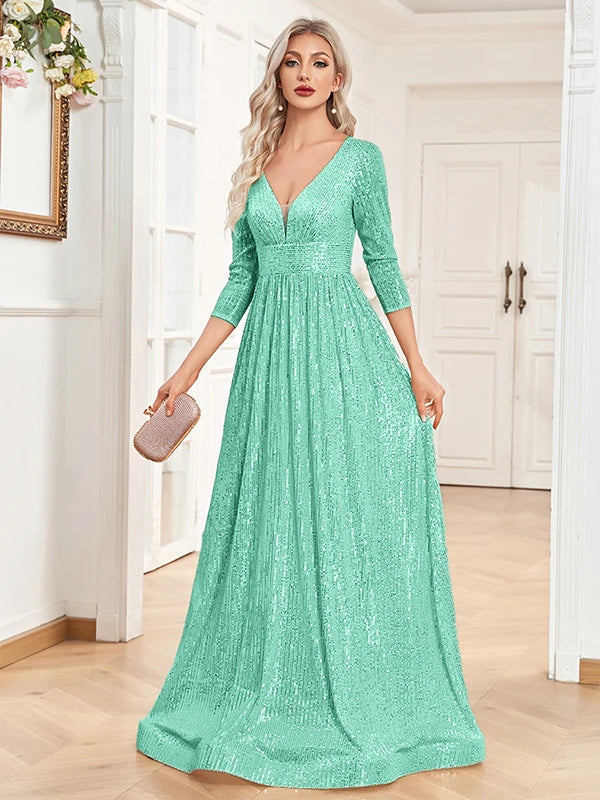 XUIBOL Elegant Sexy Deep V-Neck Sequins Evening Dress Luxury Women Long Sleeves Dress Wedding Party Cocktail Gown Gold Prom