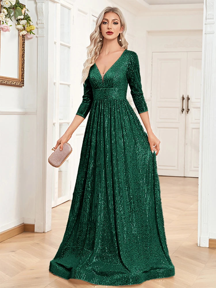 XUIBOL Elegant Sexy Deep V-Neck Sequins Evening Dress Luxury Women Long Sleeves Dress Wedding Party Cocktail Gown Gold Prom