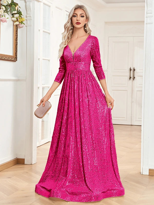 XUIBOL Elegant Sexy Deep V-Neck Sequins Evening Dress Luxury Women Long Sleeves Dress Wedding Party Cocktail Gown Gold Prom