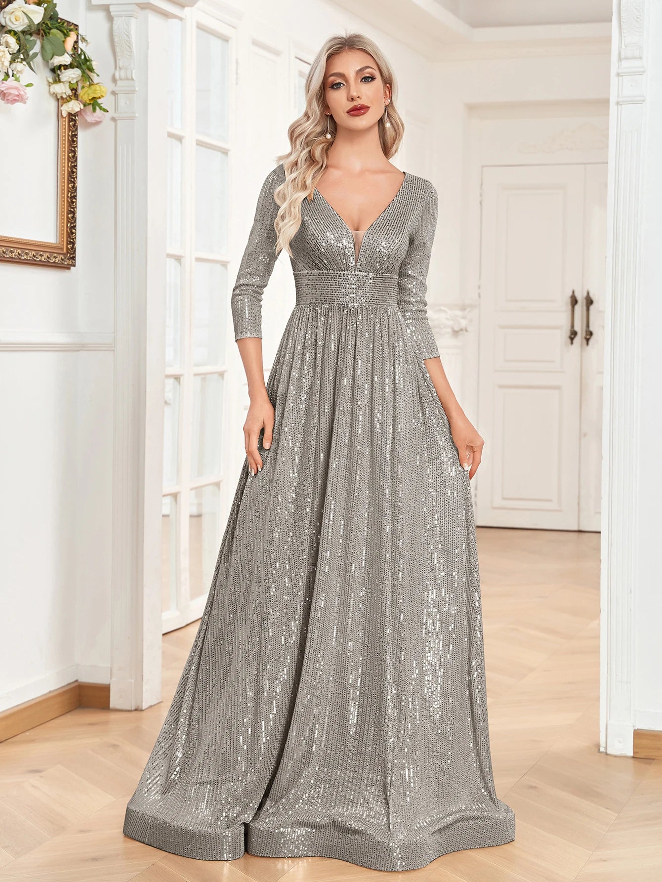 XUIBOL Elegant Sexy Deep V-Neck Sequins Evening Dress Luxury Women Long Sleeves Dress Wedding Party Cocktail Gown Gold Prom