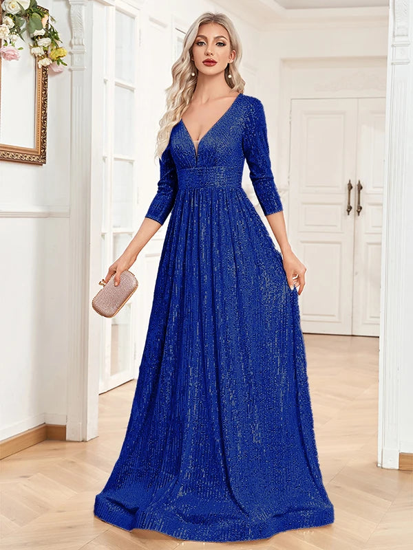 XUIBOL Elegant Sexy Deep V-Neck Sequins Evening Dress Luxury Women Long Sleeves Dress Wedding Party Cocktail Gown Gold Prom