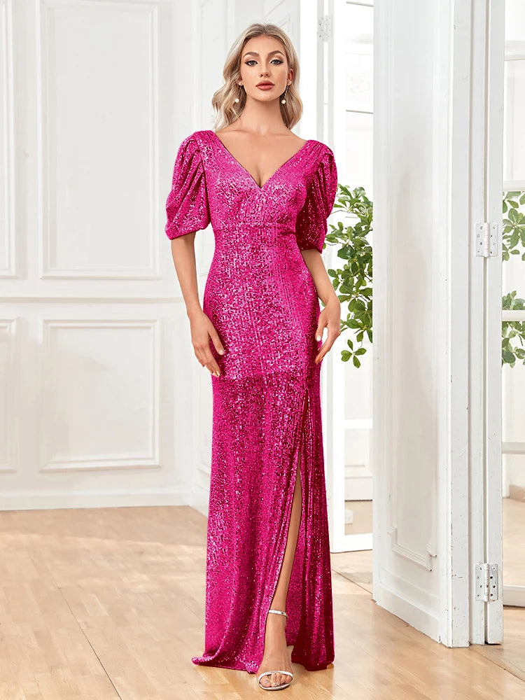 XUIBOL | Women Slit Cocktail Dress V-neck Wedding Party Maxi vestidos