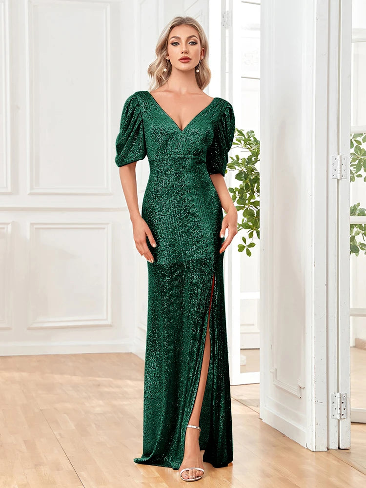 XUIBOL | Women Slit Cocktail Dress V-neck Wedding Party Maxi vestidos