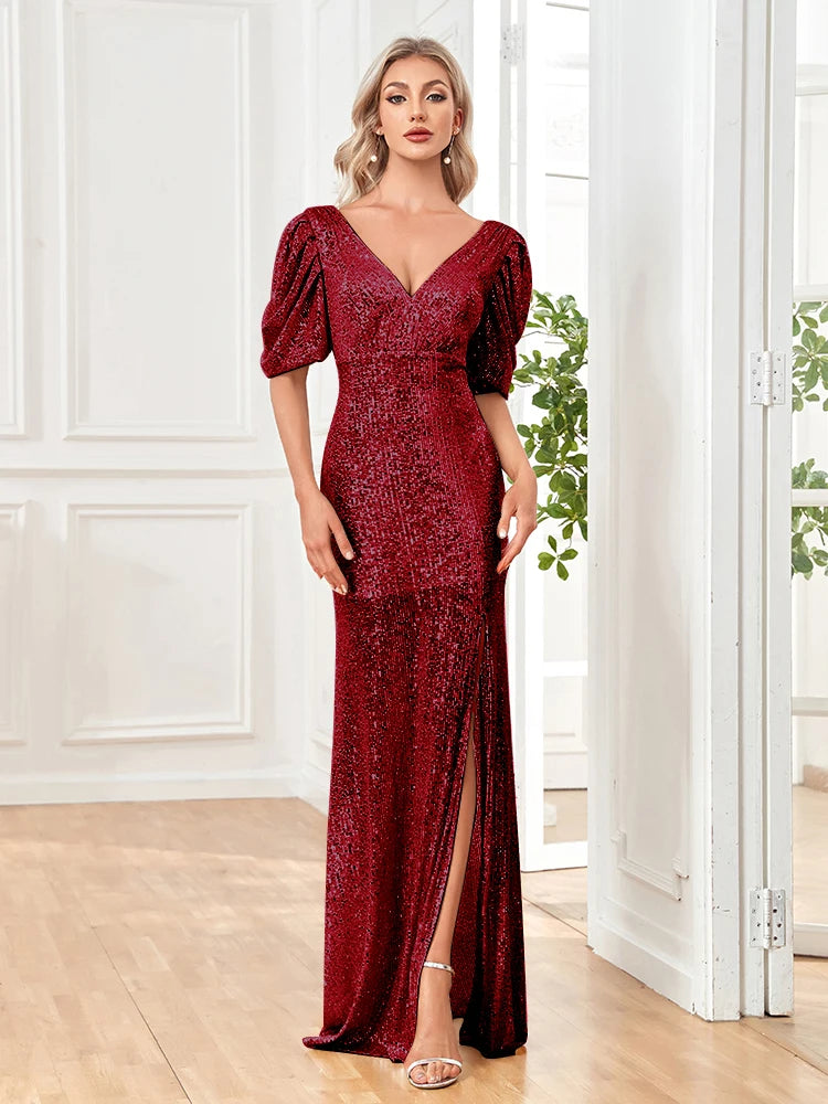XUIBOL | Women Slit Cocktail Dress V-neck Wedding Party Maxi vestidos