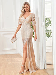 Women Slit Cocktail Dress V-neck Wedding Party Maxi vestidos