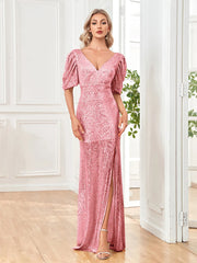 Women Slit Cocktail Dress V-neck Wedding Party Maxi vestidos