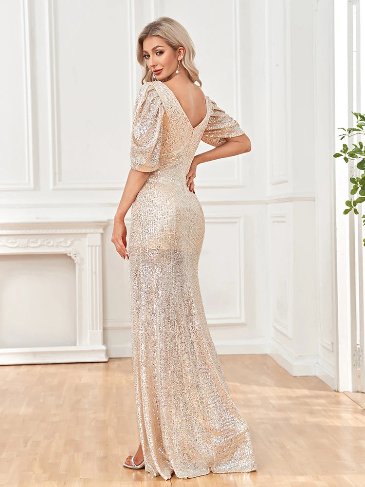 XUIBOL | Women Slit Cocktail Dress V-neck Wedding Party Maxi vestidos