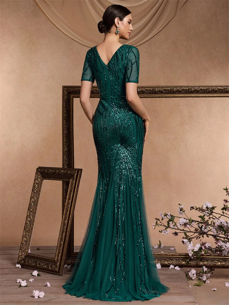 XUIBOL | Elegant Short Sleeves Sequins Gold Formal Evening Dress Women  Luxury Mermaid Bridesmaid Party Maxi Prom Gowns