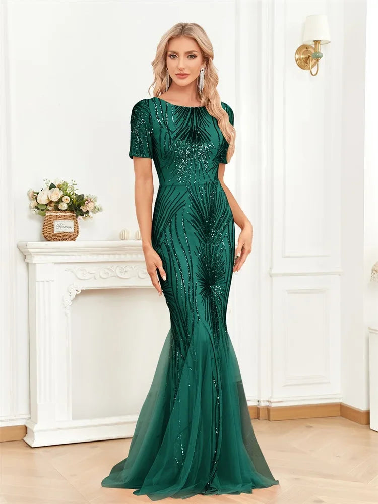 XUIBOL | Elegant Short Sleeves Sequins Gold Formal Evening Dress Women  Luxury Mermaid Bridesmaid Party Maxi Prom Gowns