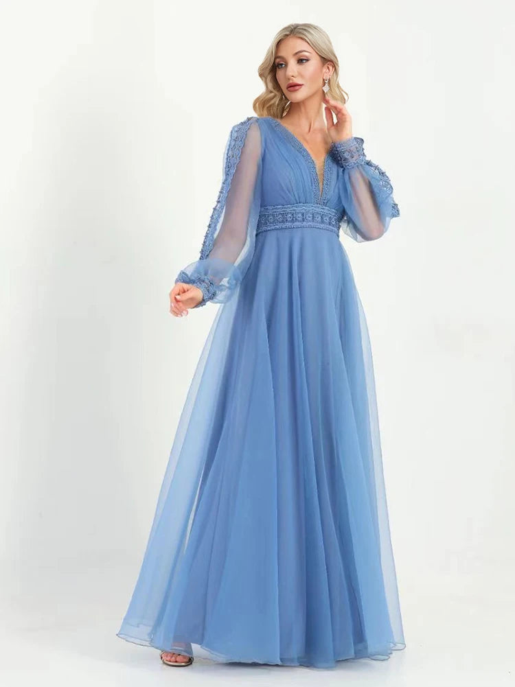 XUIBOL | Women Chiffon Long Sleeve V-Neck Maxi Floor-Length Gown 2024 Aline Bridesmaid Prom Dress