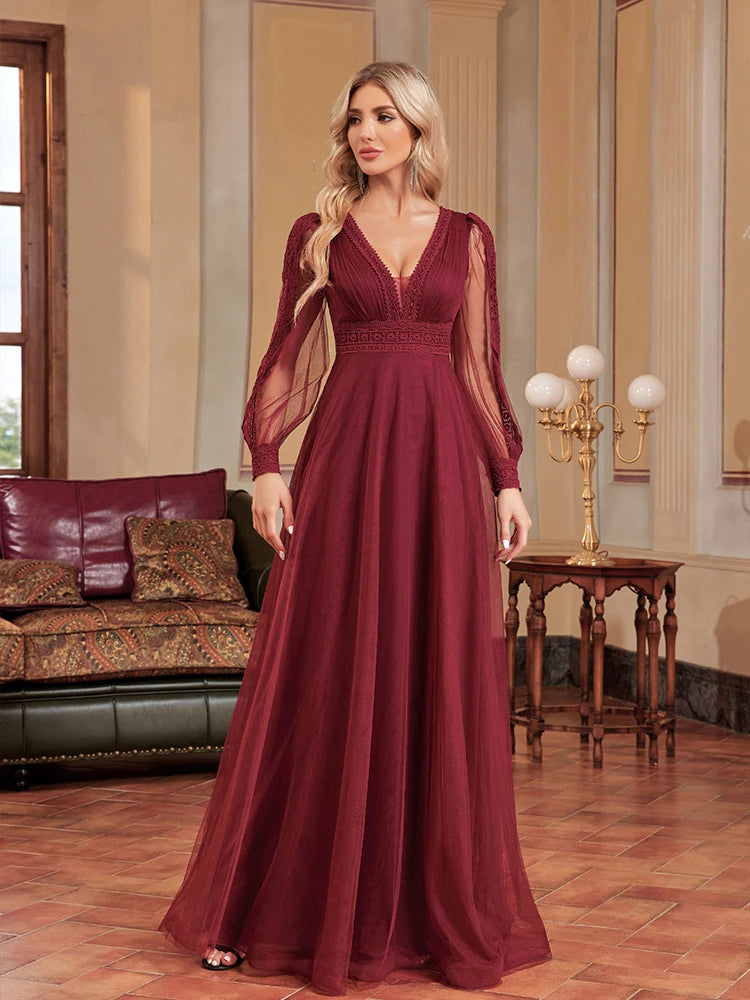 XUIBOL | Women Chiffon Long Sleeve V-Neck Maxi Floor-Length Gown 2024 Aline Bridesmaid Prom Dress