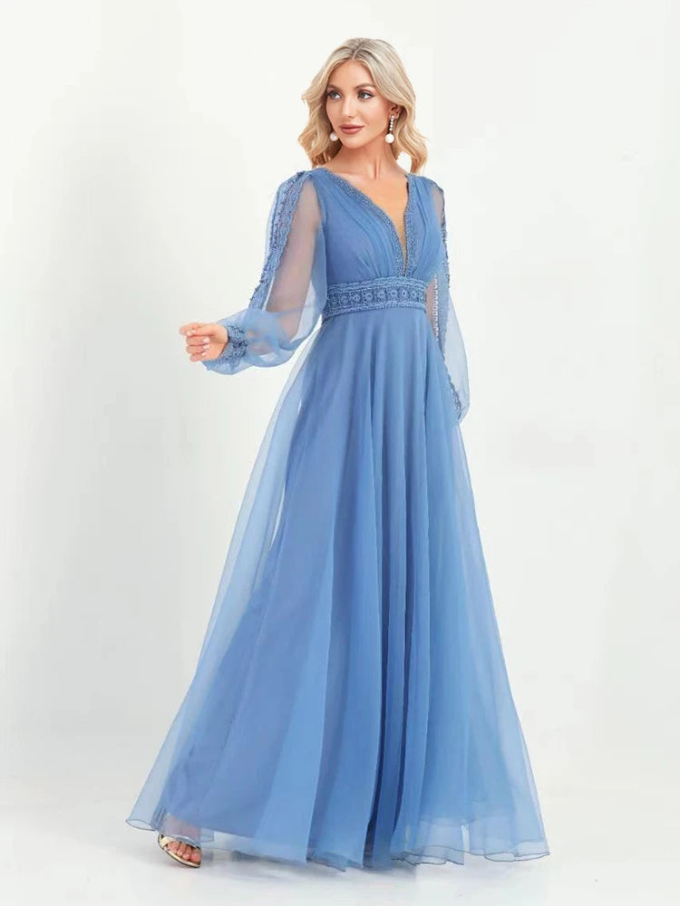 XUIBOL | Women Chiffon Long Sleeve V-Neck Maxi Floor-Length Gown 2024 Aline Bridesmaid Prom Dress