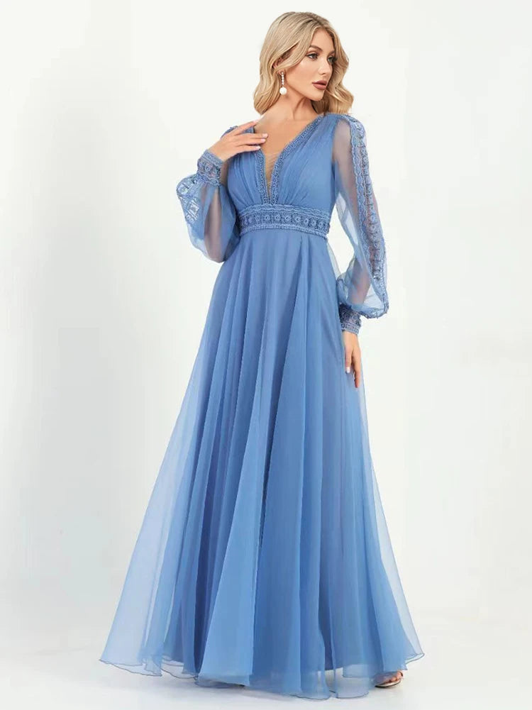 XUIBOL | Women Chiffon Long Sleeve V-Neck Maxi Floor-Length Gown 2024 Aline Bridesmaid Prom Dress