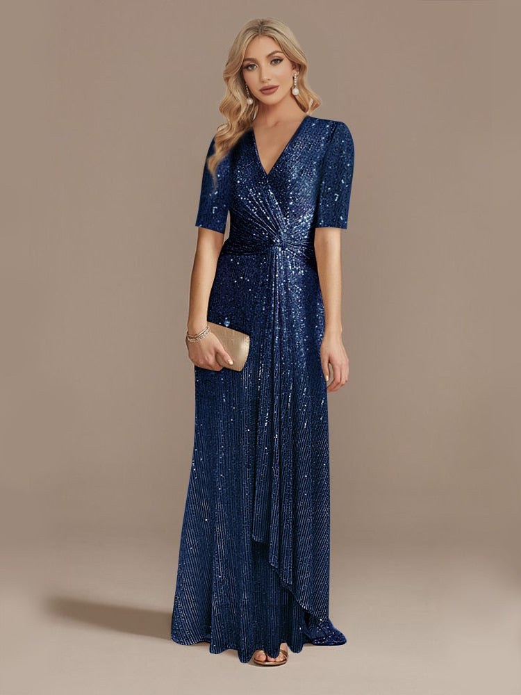Luxury Floor Length Short Sleeves V-Neck Sequin Evening Dress | XUIBOL
