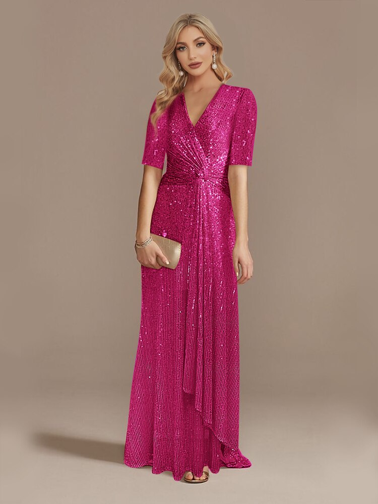 Luxury Floor Length Short Sleeves V-Neck Sequin Evening Dress | XUIBOL