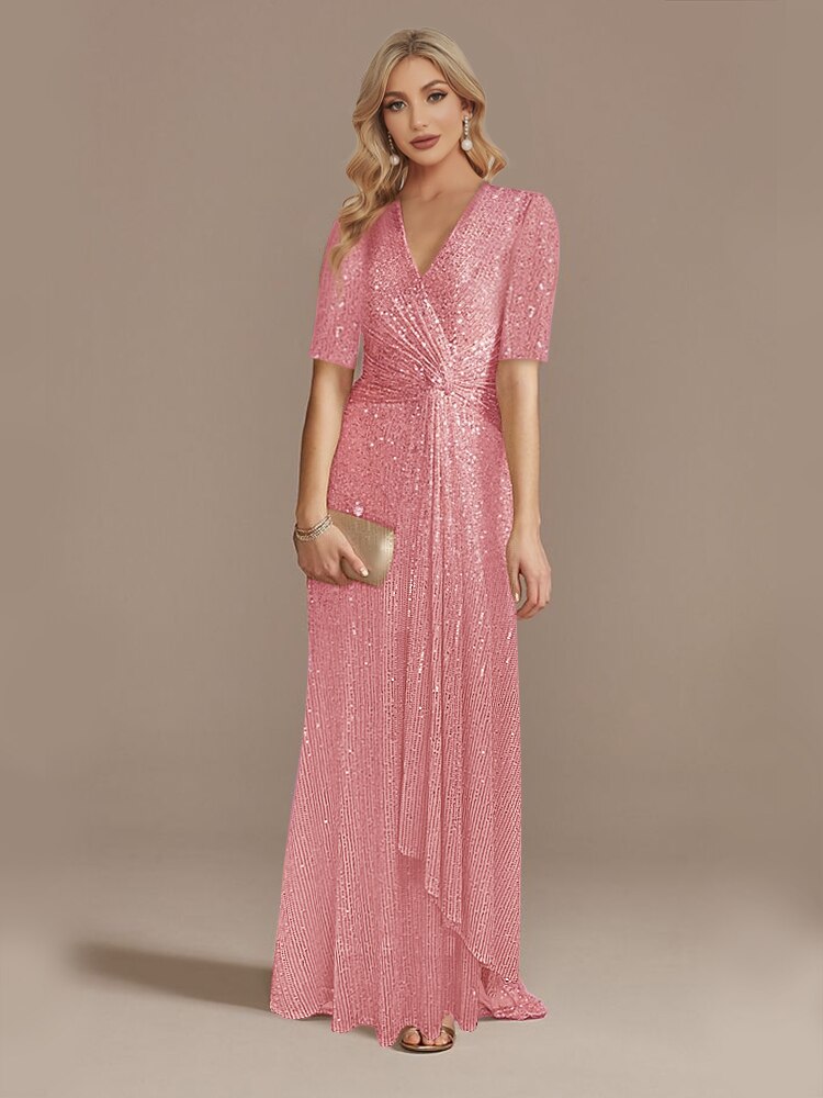 Luxury Floor Length Short Sleeves V-Neck Sequin Evening Dress | XUIBOL