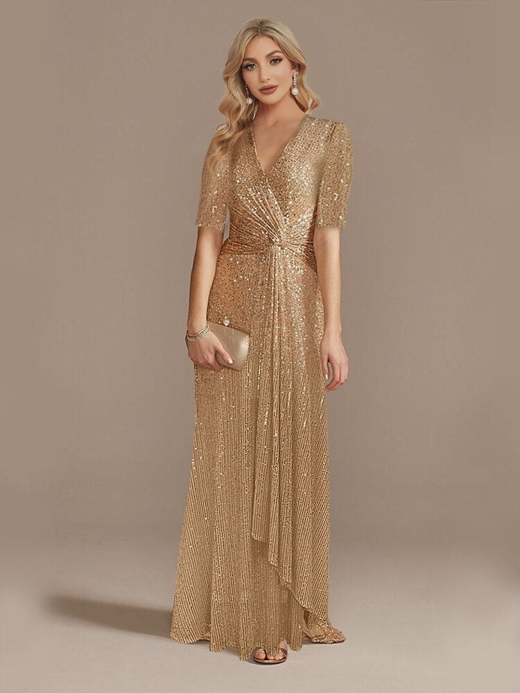 Luxury Floor Length Short Sleeves V-Neck Sequin Evening Dress | XUIBOL
