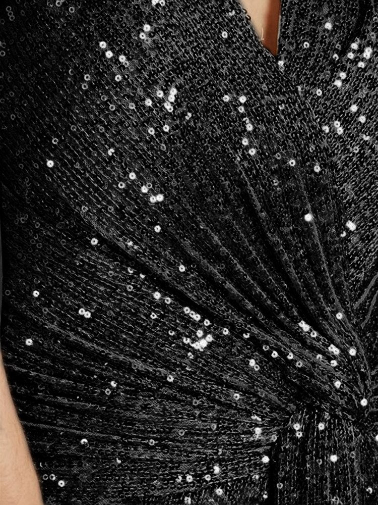 Luxury Floor Length Short Sleeves V-Neck Sequin Evening Dress | XUIBOL
