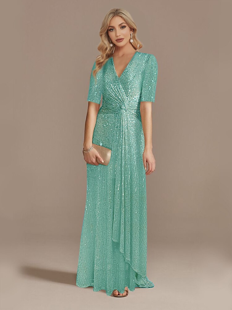 Luxury Floor Length Short Sleeves V-Neck Sequin Evening Dress | XUIBOL