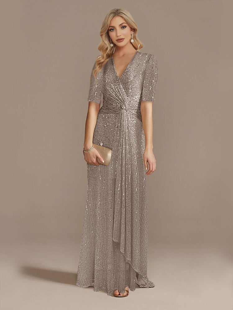 Luxury Floor Length Short Sleeves V-Neck Sequin Evening Dress | XUIBOL