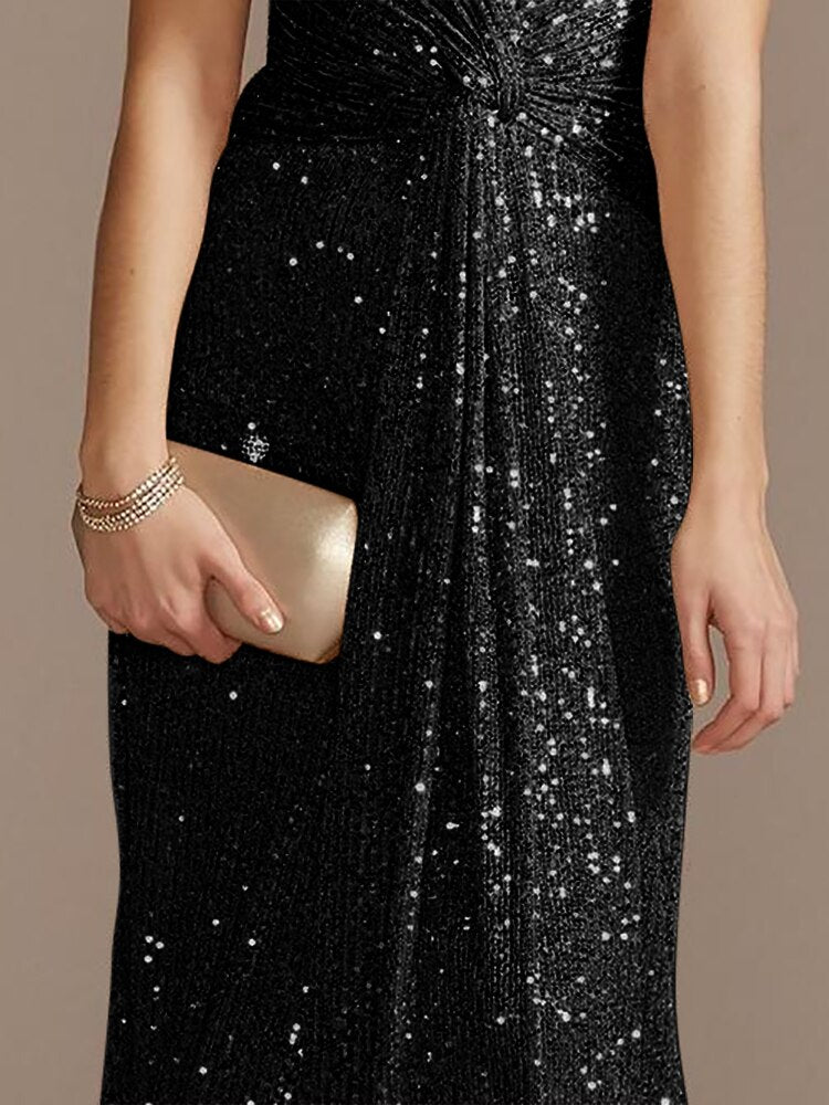 Luxury Floor Length Short Sleeves V-Neck Sequin Evening Dress | XUIBOL
