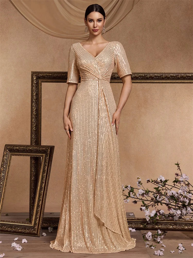 XUIBOL Luxury Floor Length Short Sleeves V-Neck Sequin Evening Dress Women Party Maxi Dress Long Formal Prom Cocktail Dress