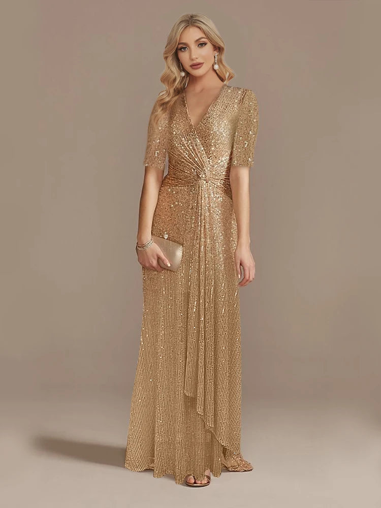 XUIBOL Luxury Floor Length Short Sleeves V-Neck Sequin Evening Dress Women Party Maxi Dress Long Formal Prom Cocktail Dress