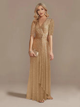 Short Sleeves V-Neck Sequin Evening Dress