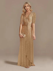 Short Sleeves V-Neck Sequin Evening Dress