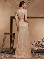 Short Sleeves V-Neck Sequin Evening Dress