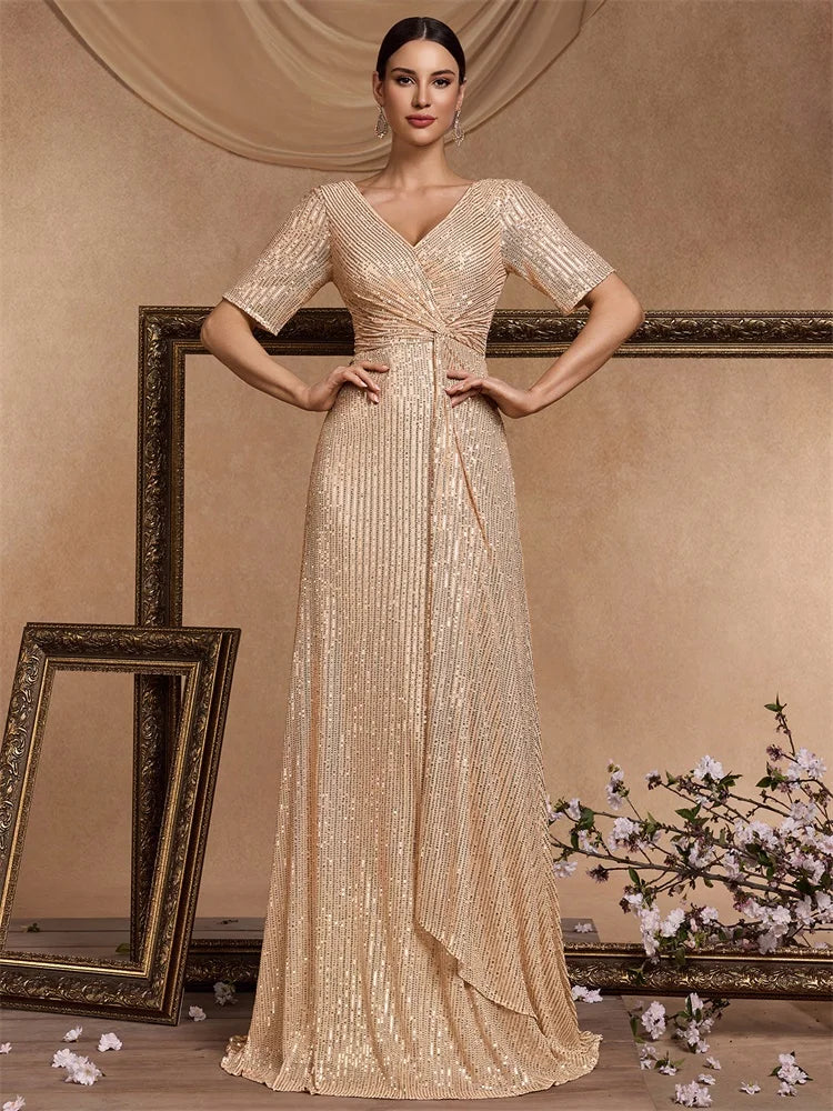 XUIBOL Luxury Floor Length Short Sleeves V-Neck Sequin Evening Dress Women Party Maxi Dress Long Formal Prom Cocktail Dress