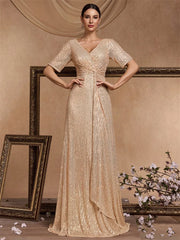 Short Sleeves V-Neck Sequin Evening Dress