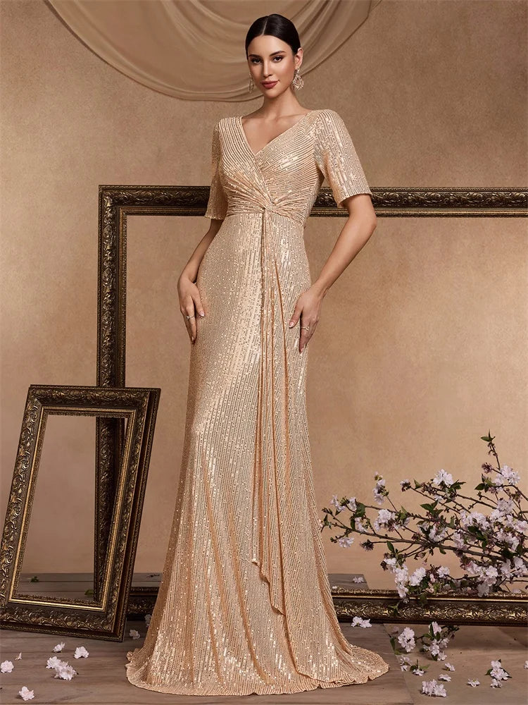 XUIBOL Luxury Floor Length Short Sleeves V-Neck Sequin Evening Dress Women Party Maxi Dress Long Formal Prom Cocktail Dress