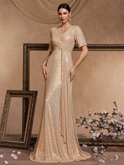 Short Sleeves V-Neck Sequin Evening Dress