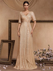 Short Sleeves V-Neck Sequin Evening Dress