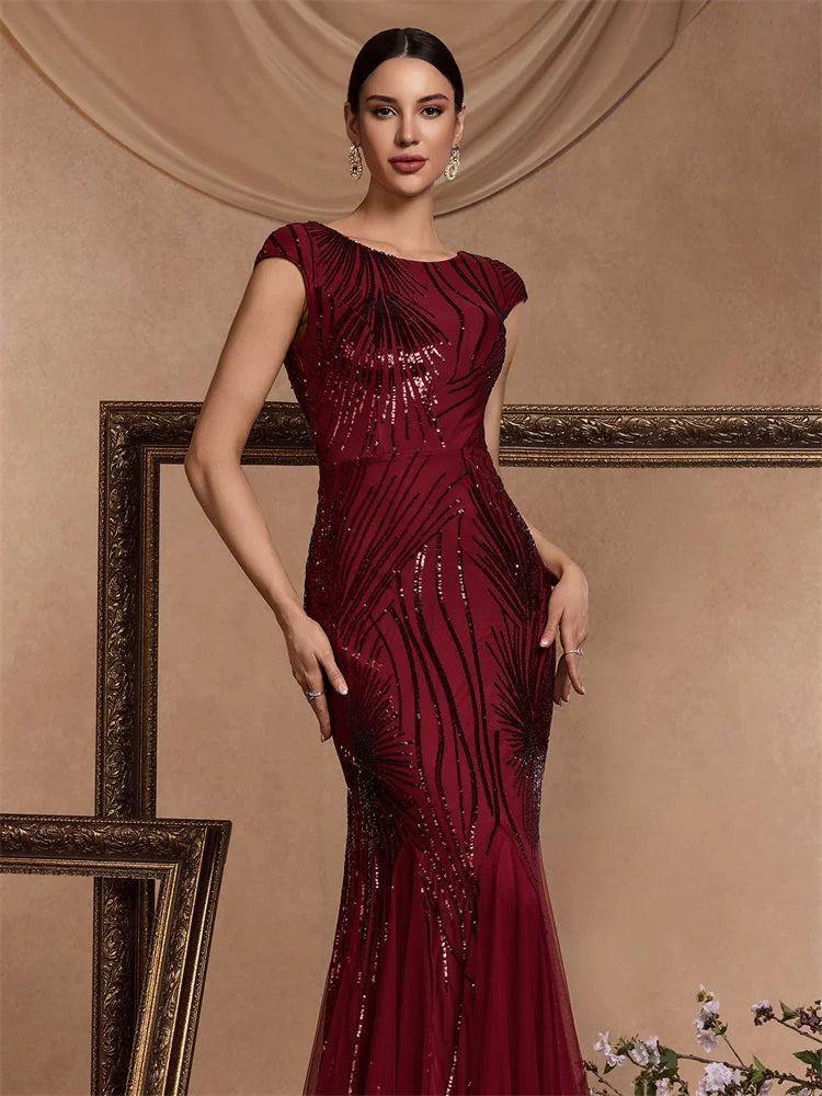 XUIBOL Luxury Sequin Prom Dress Women Elegant Sleeveless Bodycon Red Mermaid Evening Party Floor-length Dress Cocktail Gown