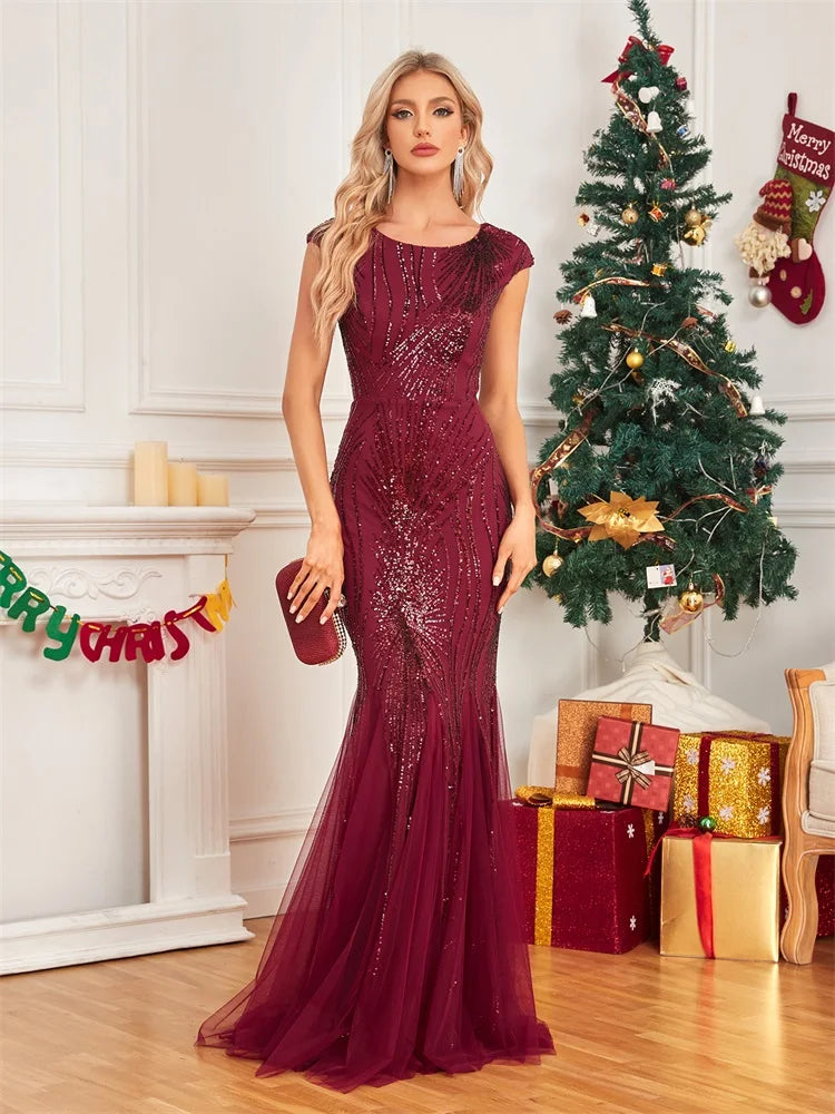 XUIBOL Luxury Sequin Prom Dress Women Elegant Sleeveless Bodycon Red Mermaid Evening Party Floor-length Dress Cocktail Gown