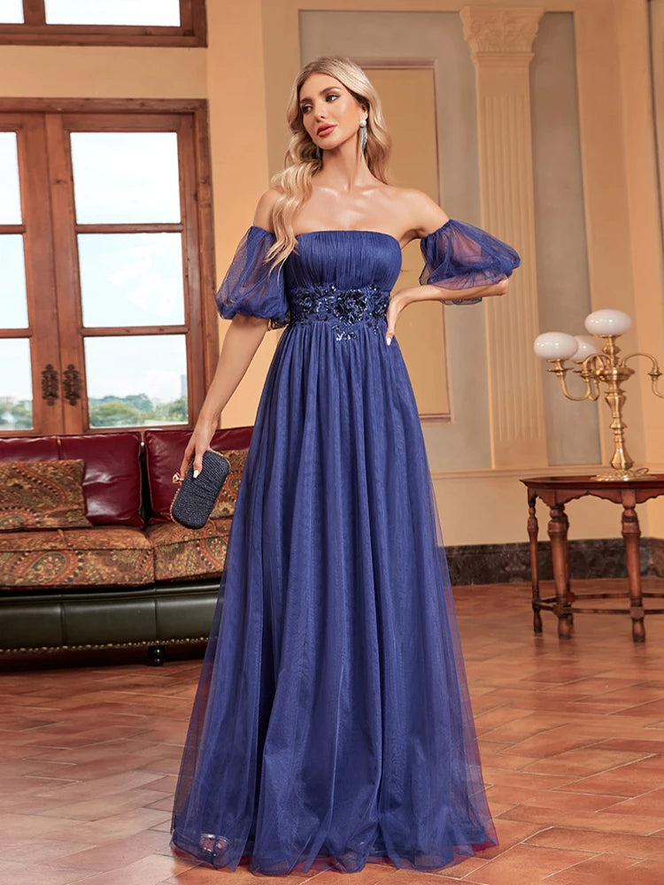 XUIBOL | Luxury Tllue Formal  Evening Dress Short Sleeve Floor-Length Gowns