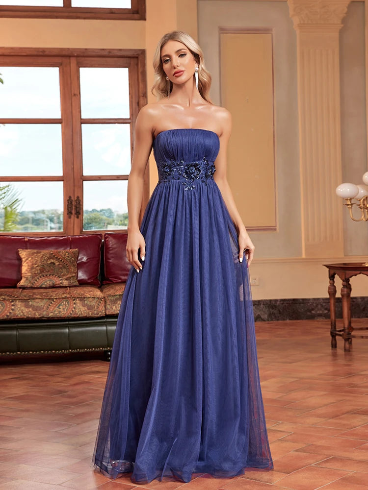 XUIBOL | Luxury Tllue Formal  Evening Dress Short Sleeve Floor-Length Gowns