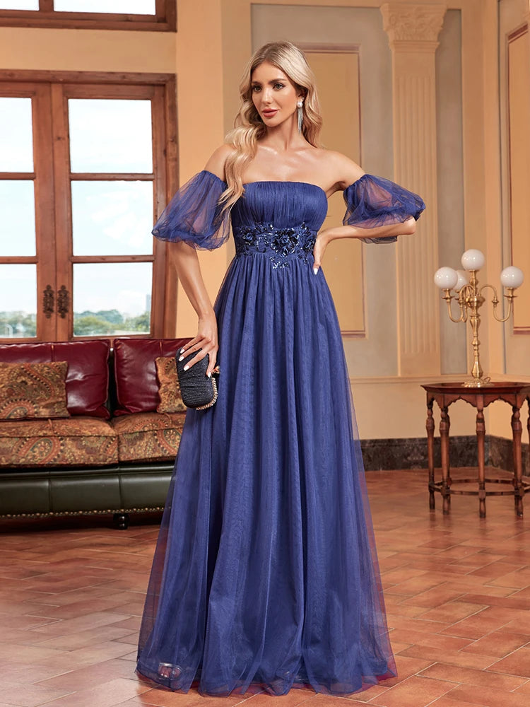 XUIBOL | Luxury Tllue Formal  Evening Dress Short Sleeve Floor-Length Gowns