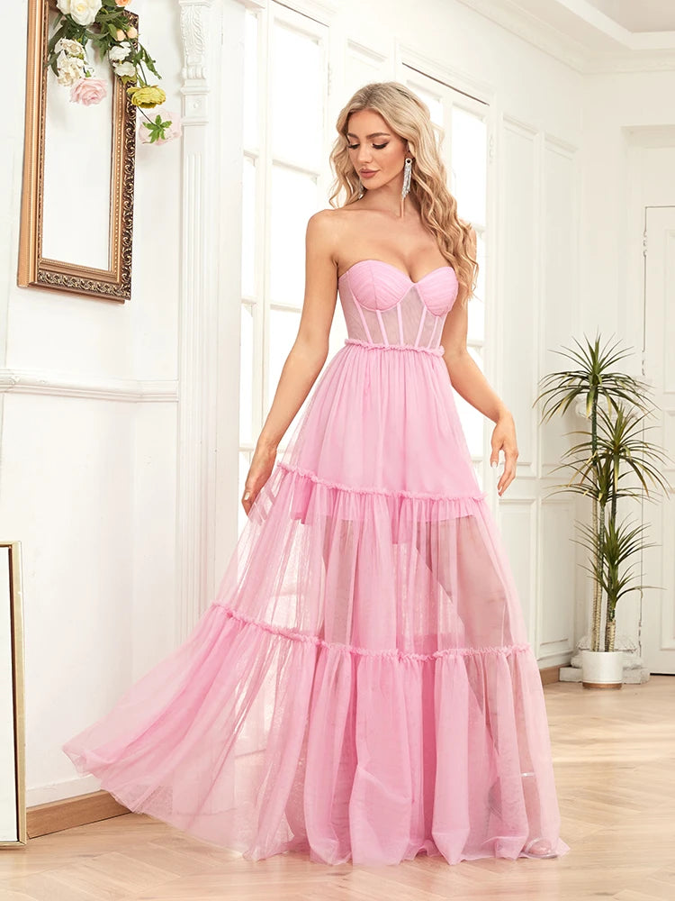 XUIBOL | Luxury Tllue Sexy Formal Evening Dress 2024 Women Wedding Party Prom Pink Bridesmaid Dress Gown Cocktail Graduation Dress