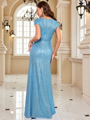 New Luxury Blue V-Neck Sequins Evening Dress