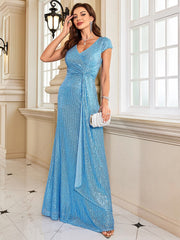 New Luxury Blue V-Neck Sequins Evening Dress